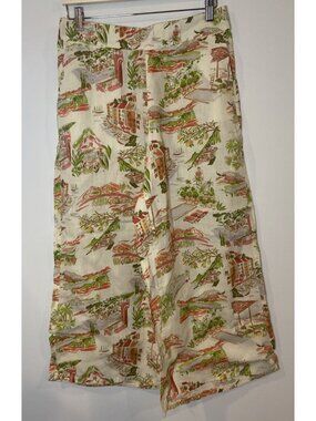 Cynthia Rowley 100% Linen Wide Leg Pants Tropical Vacation Green Pink Coral L